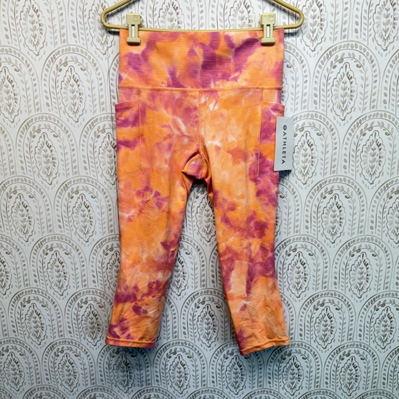 Athleta Pants - Athleta Salutation Stash Pocket II Capri Women M Orange Tie Dye Yoga Leggings